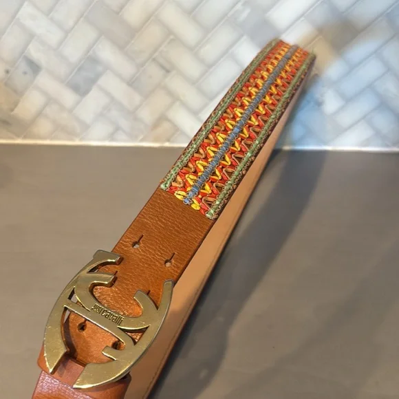 Just Cavalli Raffia Summer Tan Leather Belt with Gold Accents - Picture 2 of 9